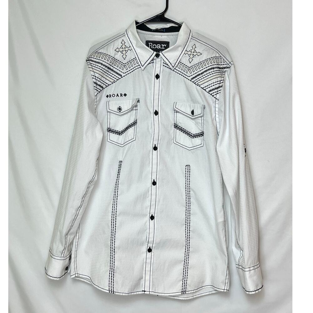 Roar Signature Men’s Large Black White Long Sleeve Embroidered Western Shirt